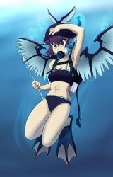Rule 34 | 1girl, absurdres, animal ears, armpits, blue eyes, diving, female focus, fins, full body, hat, highres, midriff, mystia lorelei, non-web source, oxygen mask, pink hair, polearm, scuba, shoxxe, solo, spear, swimsuit, touhou, underwater, water, weapon, wings