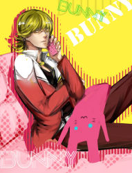 Rule 34 | 10s, 1boy, bad id, bad pixiv id, barnaby brooks jr., blonde hair, cellphone, glasses, jacket, jewelry, male focus, necklace, phone, red jacket, rixingyisha, solo, stuffed animal, stuffed rabbit, stuffed toy, tiger &amp; bunny, yellow eyes