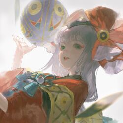 Rule 34 | 1girl, ball, bow, character request, chinese clothes, chunriqingqaq, green eyes, hair between eyes, hair bow, hair ornament, highres, lips, lipstick, long hair, looking at viewer, makeup, nail polish, onmyoji, red lips, serious, sidelocks, solo, traditional clothes, upper body, white hair