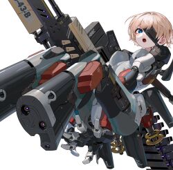 Rule 34 | 1girl, absurdres, blonde hair, blue eyes, breasts, cyborg, eyepatch, gun, highres, joints, looking at viewer, medium breasts, original, rifle, robot joints, science fiction, short hair, solo, teeth, upper teeth only, weapon, white background, yunimaru