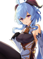Rule 34 | 1girl, ahoge, armpit crease, bare shoulders, bell, black gloves, bloom, blue hair, bodysuit, chinese knot, commentary request, cowbell, crossed bangs, detached sleeves, dot nose, ebi bento, ganyu (genshin impact), genshin impact, gloves, goat horns, gold trim, hair between eyes, hand on breast, highres, horns, long hair, looking at viewer, parted lips, pelvic curtain, purple eyes, sidelocks, solo, taut clothes