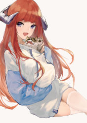 Rule 34 | 1girl, :d, absurdres, alternate costume, animal, animal in clothes, arknights, bagpipe (arknights), commentary, crossed legs, dog, dragon horns, drawstring, dress, highres, horns, kioroshin, long hair, long sleeves, open mouth, orange hair, revision, signature, simple background, sitting, smile, solo, sweater, sweater dress, symbol-only commentary, thighhighs, very long hair, white background, white dress, white sweater, white thighhighs, zettai ryouiki