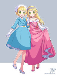 Rule 34 | 2girls, bead necklace, beads, blonde hair, blunt bangs, blush, closed mouth, commentary request, cosplay, creatures (company), dress, elbow gloves, eyelashes, frills, game freak, gloves, green eyes, hand up, high heels, highres, holding hands, jewelry, kinocopro, lillie (pokemon), multiple girls, necklace, nintendo, off-shoulder dress, off shoulder, open mouth, pink dress, pokemon, pokemon (anime), pokemon dppt (anime), pokemon sm (anime), salvia (pokemon), salvia (pokemon) (cosplay), short hair, smile, standing, twitter username, watermark, white gloves