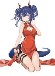 Rule 34 | 1girl, absurdres, arknights, bare arms, bare shoulders, bead bracelet, beads, black shorts, blue hair, bracelet, breasts, ch&#039;en (ageless afterglow) (arknights), ch&#039;en (arknights), china dress, chinese clothes, cleavage, cleavage cutout, clothing cutout, double bun, dragon horns, dragon tail, dress, grey eyes, hair between eyes, hair bun, hand up, highres, horns, jewelry, kira (kirakrr), long hair, looking at viewer, medium breasts, official alternate costume, parted lips, red dress, seiza, short shorts, shorts, simple background, sitting, sleeveless, sleeveless dress, solo, tail, thigh strap, thighs, white background