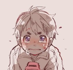 Rule 34 | 1boy, bruise, commentary request, crying, crying with eyes open, injury, limited palette, looking at viewer, made in abyss, male focus, natt (made in abyss), pink background, purple eyes, scar, simple background, solo, tears, usuki (usukine1go), whistle, wing collar