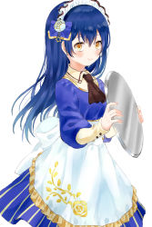 Rule 34 | 1girl, absurdres, alternate costume, apron, blue hair, blush, closed mouth, commentary request, cowboy shot, enmaided, flower, frills, hair between eyes, hair flower, hair ornament, hairband, highres, holding, long hair, long sleeves, looking at viewer, love live!, love live! school idol festival, love live! school idol project, maid, maid apron, maid headdress, myon rio, necktie, simple background, smile, solo, sonoda umi, standing, waist apron, white background, yellow eyes