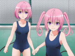 Rule 34 | 10s, 2girls, blue one-piece swimsuit, blurry, breasts, chain-link fence, clenched hand, clenched hands, covered navel, cowboy shot, curly hair, demon tail, depth of field, fence, hair between eyes, long hair, looking at viewer, momo velia deviluke, multiple girls, nana asta deviluke, nervous, one-piece swimsuit, parted lips, pink hair, purple eyes, school swimsuit, screencap, scrunchie, short hair, siblings, sidelocks, sisters, small breasts, sweatdrop, swimsuit, tail, tile floor, tiles, to love-ru, to love-ru darkness, twins, twintails, upper body, wavy mouth
