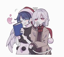 Rule 34 | 2girls, blue hair, blush, closed eyes, closed mouth, cosmicmind, dated, doremy sweet, dress, feathered wings, grey hair, grey jacket, hat, jacket, kishin sagume, long sleeves, multicolored clothes, multicolored dress, multiple girls, nightcap, one-hour drawing challenge, open clothes, open jacket, open mouth, pom pom (clothes), purple dress, red eyes, red headwear, short hair, simple background, single wing, smile, tail, tapir tail, touhou, twitter username, white background, white wings, wings
