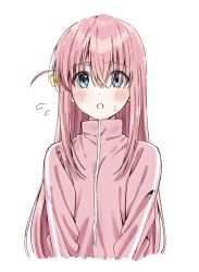 Rule 34 | 1girl, blue eyes, bocchi the rock!, commentary request, crossed bangs, cube hair ornament, eyes visible through hair, flying sweatdrops, gotoh hitori, hair between eyes, hair ornament, highres, jacket, long hair, long sleeves, looking at viewer, ojyomu, open mouth, pink hair, pink jacket, sidelocks, simple background, solo, standing, sweat, sweatdrop, track jacket, white background