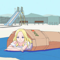 Rule 34 | 1girl, bench, blonde hair, box, byackopath (artist), cardboard box, commentary, day, fuurin asumi, healin&#039; good precure, homeless, in box, in container, long hair, looking at viewer, outdoors, precure, purple eyes, slide, smile, solo, tarpaulin