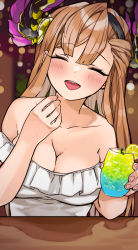 Rule 34 | 1girl, absurdres, bare shoulders, blurry, blurry background, blush, bokeh, breasts, brown hair, cleavage, closed eyes, collarbone, cup, depth of field, dress, drinking glass, facing viewer, food, fruit, granblue fantasy, hair ornament, hairband, hand up, highres, holding, holding cup, large breasts, lemon, lemon slice, long hair, off-shoulder dress, off shoulder, open mouth, osakana (rrg0123), sidelocks, smile, solo, tweyen (granblue fantasy), white dress