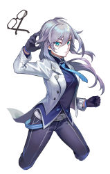 Rule 34 | 1girl, absurdres, belt, belt buckle, black gloves, black pants, blue eyes, blue necktie, blue shirt, buckle, closed mouth, fu hua, fu hua (night squire), glasses, gloves, hair between eyes, highres, honkai (series), honkai impact 3rd, jacket, long hair, long sleeves, looking at viewer, necktie, open clothes, open jacket, pants, polo shirt, ponytail, shirt, simple background, sin (btc86amme), solo, v-shaped eyebrows, white background, white jacket