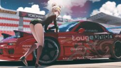 Rule 34 | 1girl, ass, bodysuit, breasts, cloud, cloudy sky, commission, dgkamikaze, double bun, full body, girls&#039; frontline, gun, hair bun, highres, kneehighs, leaning against vehicle, leotard, light brown hair, looking back, mazda, mazda rx-7, mazda rx-7 fd, medium breasts, need for speed, need for speed: prostreet, need for speed pro street, p90 (girls&#039; frontline), racing, red eyes, second-party source, sky, socks, solo, submachine gun, sunglasses, vehicle focus, vehicle request, weapon