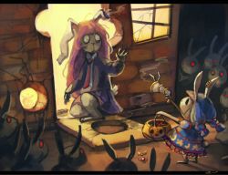 Rule 34 | 2girls, animal ears, at gunpoint, bag, blue dress, blue hair, broken, bullet hole, rabbit, rabbit ears, rabbit tail, candy, commentary request, crack, door, dress, earclip, food, hair tie, hole, hole in wall, jack-o&#039;-lantern, jacket, koto inari, letterboxed, long hair, long sleeves, lunatic gun, multiple girls, necktie, pink hair, pumpkin, rabbit girl, red eyes, reisen udongein inaba, seiran (touhou), shirt, short sleeves, skirt, smile, smoke, tail, touhou, trick or treat, twintails, very long hair, window