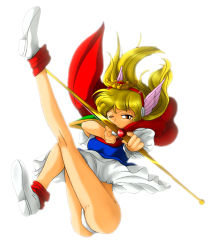Rule 34 | 1990s (style), 1girl, aiming, aiming at viewer, akazukin chacha, bare legs, blonde hair, blue dress, brown eyes, clothes lift, dress, dress lift, highres, long hair, looking at viewer, magical princess, magilily, one eye closed, panties, pantyshot, retro artstyle, short dress, short sleeves, simple background, tagme, underwear, white background, white footwear, white panties, winged hair ornament