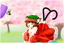 Rule 34 | 2girls, animal ears, bad id, bad pixiv id, barefoot, brown hair, cat ears, cat girl, cat tail, chen, dress, fang, fangs, female focus, hat, mini person, minigirl, mouse ears, multiple girls, multiple tails, nature, nazrin, outdoors, pinkrojar, plant, short hair, silver hair, tail, touhou, underwear, you gonna get raped