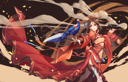 Rule 34 | 1girl, bird, brown hair, chinese clothes, chinese zodiac, hair ornament, highres, holding, holding smoking pipe, kiseru, long hair, looking back, original, red eyes, smile, smoking pipe, solo, splish, thighhighs, very long hair, walking, year of the rooster