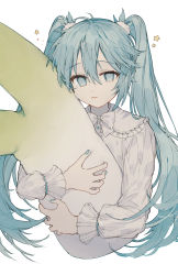 Rule 34 | 1girl, :t, absurdres, alternate costume, aqua eyes, aqua hair, aqua nails, closed mouth, cropped legs, cropped torso, deep (deep4946), hair between eyes, hatsune miku, highres, long hair, long sleeves, looking at viewer, nail polish, nightgown, hugging object, pillow, pillow hug, solo, spring onion, star (symbol), twintails, upper body, vocaloid, white background, white nightgown