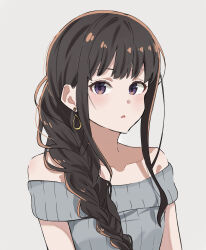 Rule 34 | 1girl, alicealice 16, bare shoulders, blush, braid, collarbone, commentary, earrings, grey background, grey sweater, highres, inoue takina, jewelry, long hair, looking at viewer, lycoris recoil, off-shoulder sweater, off shoulder, open mouth, purple eyes, simple background, single braid, solo, sweater, upper body