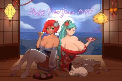 Rule 34 | 1boy, 2girls, absurdres, akeno(itsnafulol), beach, blue hair, breasts, cat, cleavage, dango, dark-skinned female, dark skin, flower, food, green eyes, hair flower, hair ornament, highres, holding, holding plate, huge breasts, japanese clothes, kamishiroart, kimono, lantern, looking at another, lyra(itsnafulol), mehcember, moon, moonlight, multiple girls, new year, night, night sky, ocean, pink eyes, plate, ponytail, red hair, scottish fold, siblings, sisters, size difference, sky, sliding doors, smile, thick thighs, thighhighs, thighs, tomboy, tongue, tongue out, wagashi, wooden floor, yukata