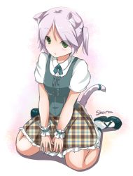 Rule 34 | 1girl, animal ears, blouse, cat ears, cat tail, character name, fatkewell, green eyes, original, plaid, plaid skirt, sharon catiey, shirt, short hair, sitting, skirt, solo, tail, unmoving pattern, wariza, wristband, aged down