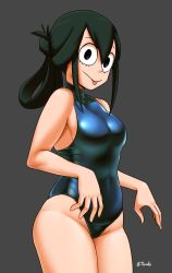 Rule 34 | 10s, 1girl, 8-tomb, :p, absurdres, asui tsuyu, bare shoulders, black eyes, black hair, boku no hero academia, breasts, cleavage, covered navel, cowboy shot, curvy, female focus, frog girl, green hair, groin, highleg, highleg swimsuit, highres, hip focus, medium breasts, navel, one-piece swimsuit, skin tight, skindentation, solo, stomach, swimsuit, thick thighs, thighs, tongue, tongue out, wide hips