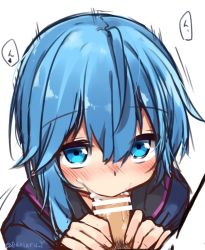 Rule 34 | 1girl, bad id, bad twitter id, bar censor, blue eyes, blue hair, blush, censored, commentary request, cum, cum in mouth, eriaru, fellatio, kantai collection, minazuki (kancolle), oral, penis, short hair with long locks, simple background, twitter username, white background