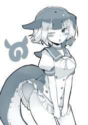 Rule 34 | 10s, 1girl, ;o, absurdres, ascot, blush, bow, cetacean tail, dress, dress tug, fins, fish tail, frilled dress, frills, greyscale, hair bow, highres, japari symbol, kanzakietc, kemono friends, looking at viewer, monochrome, multicolored hair, narwhal (kemono friends), one eye closed, panties, panty peek, puffy short sleeves, puffy sleeves, sailor dress, short dress, short hair with long locks, short sleeves, simple background, solo, tail, underwear, v-shaped eyebrows, white background