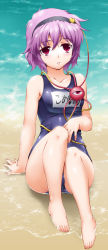Rule 34 | 1girl, bare shoulders, beach, blush, breasts, collarbone, covered navel, female focus, hairband, heart, henshako, highres, komeiji satori, name tag, ocean, one-piece swimsuit, parted lips, purple hair, red eyes, school swimsuit, shiny clothes, short hair, sitting, skindentation, solo, swimsuit, third eye, touhou, water, wet