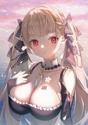 Rule 34 | 1girl, azur lane, bare shoulders, between breasts, black ribbon, breasts, cleavage, clothing cutout, detached collar, dress, flower, formidable (azur lane), frilled dress, frills, gothic lolita, grey hair, hair ribbon, haitu, hand on own chest, highres, large breasts, lolita fashion, long hair, looking to the side, outdoors, pantyhose, red eyes, revision, ribbon, shadow, shoulder cutout, solo, standing, twintails, two-tone dress, two-tone ribbon, upper body, very long hair, water, white flower