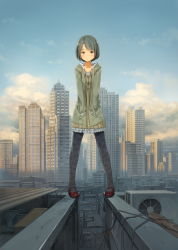 Rule 34 | 1girl, air conditioner, black hair, black pantyhose, blue sky, blush, breasts, brown eyes, brown footwear, city, cityscape, cloud, day, dress, frilled dress, frills, full body, fur trim, hands in pockets, highres, jacket, legs apart, loafers, long sleeves, looking at viewer, mary janes, morning, original, outdoors, pantyhose, pigeon-toed, print pantyhose, rooftop, scenery, shoes, short hair, sky, small breasts, solo, spread legs, standing, sunlight, sunrise, yoshida seiji
