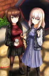 Rule 34 | 2girls, backpack, bag, black coat, black footwear, black jacket, black legwear, black skirt, black umbrella, blue dress, blue eyes, brown eyes, brown hair, carrying, casual, closed mouth, coat, coffee cup, collared dress, commentary, cup, day, disposable cup, dress, girls und panzer, half-closed eyes, handbag, highres, holding, holding cup, holding umbrella, itsumi erika, jacket, letterman jacket, long sleeves, looking at viewer, medium dress, medium hair, miniskirt, multiple girls, nishizumi maho, open clothes, open coat, open jacket, outdoors, pantyhose, pleated skirt, red sweater, redbaron, ribbed sweater, shoes, short hair, side-by-side, silver hair, skirt, smile, standing, sweater, twitter username, umbrella, wing collar