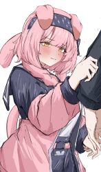 Rule 34 | 1girl, 1other, absurdres, animal ears, arknights, arm grab, belt, black hairband, black jacket, black sailor collar, black skirt, blush, closed mouth, commentary, cowboy shot, embarrassed, goldenglow (arknights), hairband, highres, jacket, long hair, long sleeves, out of frame, pink belt, pink hair, pink jacket, pink tail, sailor collar, shirt, simple background, sketch, skirt, standing, tail, tail raised, tobildesu, wavy mouth, white background, white shirt, yellow eyes