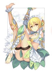 Rule 34 | 1girl, arm guards, arm warmers, artist request, barefoot, blonde hair, braid, breasts, cleavage, feet, fishnet thighhighs, fishnets, flower knight girl, french braid, full body, hair bun, legs, looking at viewer, maid, maid headdress, short hair, single hair bun, smile, solo, suiren (flower knight girl), thighhighs, toes, yellow eyes