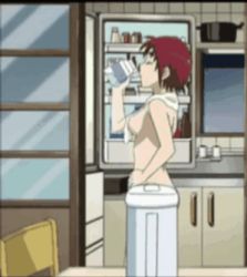 Rule 34 | 1girl, animated, animated gif, ass, b-gata h-kei, breasts, casual nudity, censored, convenient censoring, drinking, indoors, kosuda kazuki, large breasts, lowres, milk, censored nipples, nude, red hair, screencap, short hair, solo, standing, towel, towel around neck, towel over breasts