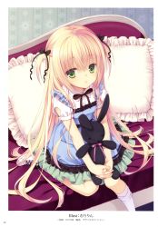 Rule 34 | 1girl, absurdres, black bow, black ribbon, blonde hair, blue dress, bow, breasts, couch, dress, green eyes, green skirt, hair bow, highres, indoors, k-book, kneehighs, long hair, muririn, neck ribbon, original, parted lips, pillow, ribbon, short sleeves, sitting, skirt, small breasts, socks, solo, two side up, very long hair, white socks