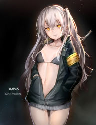Rule 34 | 1girl, armband, black bra, blush, bra, breasts, character name, closed mouth, collarbone, cowboy shot, crossed bangs, girls&#039; frontline, grey hair, gun, h&amp;k ump, h&amp;k ump, hair between eyes, hair ornament, hands in pockets, head tilt, heckler &amp; koch, highres, hood, hood down, hooded jacket, jacket, light particles, light smile, long hair, looking at viewer, one side up, partially unzipped, scar, scar across eye, scar on face, small breasts, smile, submachine gun, tama satou, thighs, ump45 (girls&#039; frontline), underwear, weapon, weapon on back, yellow eyes