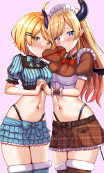 Rule 34 | 2girls, absurdres, ahoge, asymmetrical docking, belt, blonde hair, blue eyes, blush, bow, box, box of chocolates, breast press, breasts, brown belt, commentary request, demon girl, demon horns, demon tail, demon wings, earrings, frilled shirt, frilled skirt, frilled sleeves, frills, hair ornament, hairclip, heart, heart-shaped box, heart-shaped pupils, highres, holding hands, hololive, horns, in mouth, jewelry, large breasts, long hair, looking at viewer, maid, maid headdress, midriff, multiple girls, navel, nootomo, orange eyes, plaid, plaid skirt, pointy ears, polka dot, polka dot background, polka dot bow, polka dot legwear, polka dot skirt, revealing clothes, shirt, short hair, skirt, star (symbol), star earrings, symbol-shaped pupils, tail, thighhighs, thighs, virtual youtuber, wings, wrist cuffs, yellow eyes, yozora mel, yuri, yuzuki choco