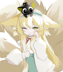 Rule 34 | 1girl, ;o, absurdres, animal, animal ear fluff, animal ears, animal on head, arknights, black headwear, blue hairband, blue skirt, blush, cat, cat on head, ears down, fox ears, fox girl, fox tail, frilled hairband, frills, green eyes, hairband, high-waist skirt, highres, hugging own tail, hugging tail, jacket, long sleeves, looking at viewer, luo xiaohei, luo xiaohei zhanji, multiple tails, on head, one eye closed, open clothes, open jacket, open mouth, sanqianqianqianqian w, shirt, skirt, solo, suzuran (arknights), suzuran (spring praise) (arknights), tail, upper body, white jacket, white shirt