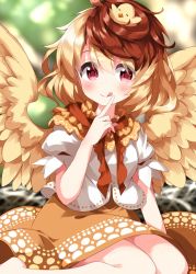 Rule 34 | 1girl, animal, animal on head, barefoot, bird, bird on head, bird wings, chick, dress, feathered wings, highres, kneeling, multicolored hair, neck ribbon, niwatari kutaka, on head, one-hour drawing challenge, orange dress, puffy short sleeves, puffy sleeves, red eyes, red hair, red ribbon, ribbon, ruu (tksymkw), shirt, short sleeves, sitting, solo, tongue, tongue out, touhou, two-tone hair, white shirt, wings, yellow wings