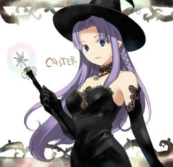 Rule 34 | 00s, 1girl, bare shoulders, black gloves, blue eyes, braid, breasts, choker, cleavage, elbow gloves, fate/stay night, fate (series), gloves, glowing, hat, jewelry, lace, lace-trimmed gloves, lace trim, lipstick, long hair, makeup, medea (fate), medium breasts, necklace, pendant, plant, pointy ears, purple hair, see-through, side braid, smile, solo, takenashi eri, very long hair, vines, wand, witch, witch hat