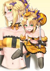 Rule 34 | 1girl, alternate costume, angry, bare shoulders, blonde hair, blood, blush, bow, breasts, candy, crown, disgust, fangs, fate (series), food, gloves, green eyes, halloween, hat, highres, kneeling, lollipop, looking at viewer, mordred (fate), navel, open mouth, pumpkin, shijiu (adamhutt), skirt, small breasts