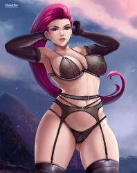 Rule 34 | 1girl, abs, absurdres, alternate breast size, belt, black bra, black gloves, blue eyes, boots, bra, breasts, cleavage, creatures (company), female focus, flowerxl, game freak, garter straps, gloves, highres, jessie (pokemon), large breasts, lingerie, looking at viewer, mountain, nintendo, pink hair, pokemon, pokemon (anime), solo, team rocket, thick thighs, thigh boots, thigh gap, thighs, underwear, upper body, wide hips