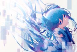 Rule 34 | 1girl, blue eyes, blue hair, blue necktie, commentary, detached sleeves, digital dissolve, floating hair, from side, fuyuzuki gato, hair ornament, hatsune miku, head tilt, highres, long hair, looking at viewer, necktie, shirt, skirt, solo, twintails, upper body, vocaloid, white shirt