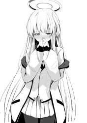 Rule 34 | 1girl, absurdres, blue archive, blush, covering own mouth, greyscale, halo, highres, jacket, long hair, long sleeves, monochrome, noa (blue archive), pantyhose, simple background, skirt, solo, standing, straight hair, takashima shoa, white background