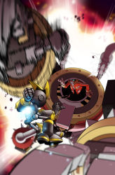 Rule 34 | 2boys, adam bryce thomas, bald, battle, blurry, clenched hand, cover, cover page, dr. eggman, facial hair, fighting stance, gemerl, gloves, goggles, goggles on head, grin, highres, idw publishing, incoming attack, long sleeves, machine, male focus, mecha, multiple boys, mustache, official art, robot, smile, sonic (series), sonic the hedgehog (idw), speed lines, white gloves