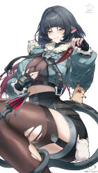 1girl absurdres animal_ears aqua_eyes aqua_jacket artist_logo artist_name black_gloves black_hair black_shorts black_thighhighs breasts cleavage crop_top fingerless_gloves gloves greyfish13 hamster hand_on_own_chest high-waist_shorts high-waist_skirt highres jacket jane_doe_(zenless_zone_zero) large_breasts logo long_hair looking_at_viewer midriff mouse_ears mouse_girl mouse_tail multicolored_hair parted_lips red_hair see-through_cleavage see-through_clothes shorts simple_background skirt smile tail thighhighs torn_clothes torn_thighhighs two-tone_hair white_background zenless_zone_zero