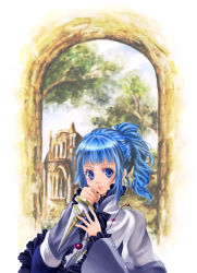Rule 34 | 1girl, alfa system, ange serena, blue eyes, blue hair, bow, curly hair, dagger, female focus, holding, holding dagger, holding knife, holding weapon, jewelry, knife, matching hair/eyes, mytholo, nature, necklace, outdoors, plant, ponytail, ribbon, shawl, short hair, sidelocks, sky, solo, tales of (series), tales of innocence, tree, weapon, white background