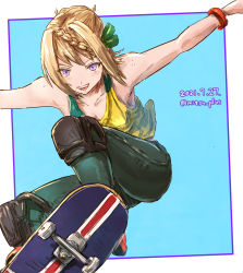 Rule 34 | 1girl, :d, absurdres, alternate costume, blonde hair, blue background, border, braid, collarbone, dated, green pants, green ribbon, green tank top, hair ribbon, highres, holding, holding skateboard, kantai collection, knee pads, looking at viewer, mitsu plus, ollie (skateboarding), one-hour drawing challenge, open mouth, outstretched arms, pants, perspective, perth (kancolle), purple eyes, ribbon, short hair, simple background, skateboard, smile, solo, tank top, twitter username, two-tone shirt, white border, yellow tank top