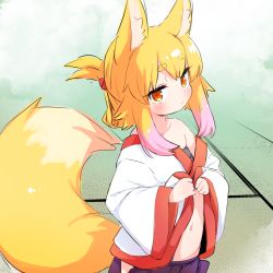 Rule 34 | 1girl, animal ear fluff, animal ears, blonde hair, blush, clothes lift, done (donezumi), fox ears, fox girl, fox tail, highres, japanese clothes, kitsune, looking at viewer, medium hair, original, red eyes, shirt lift, solo, standing, tail, tatami, thick eyebrows